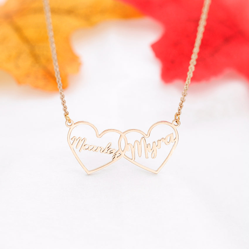 custom double heart name necklace