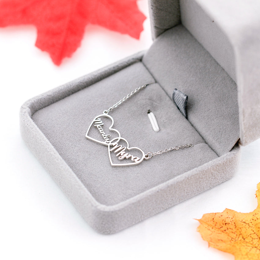 custom double heart name necklace